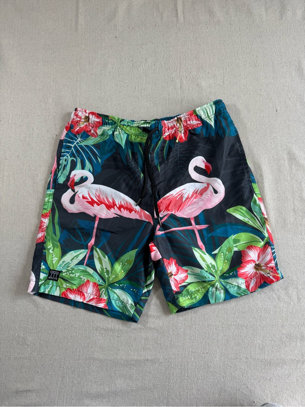 Brooklyn Cloth Black Swim Trunks with Pink Flamingos & Green Tropical Print
